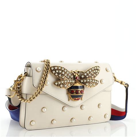 Gucci Broadway Pearly Bee Shoulder Bag Embellished Leather 